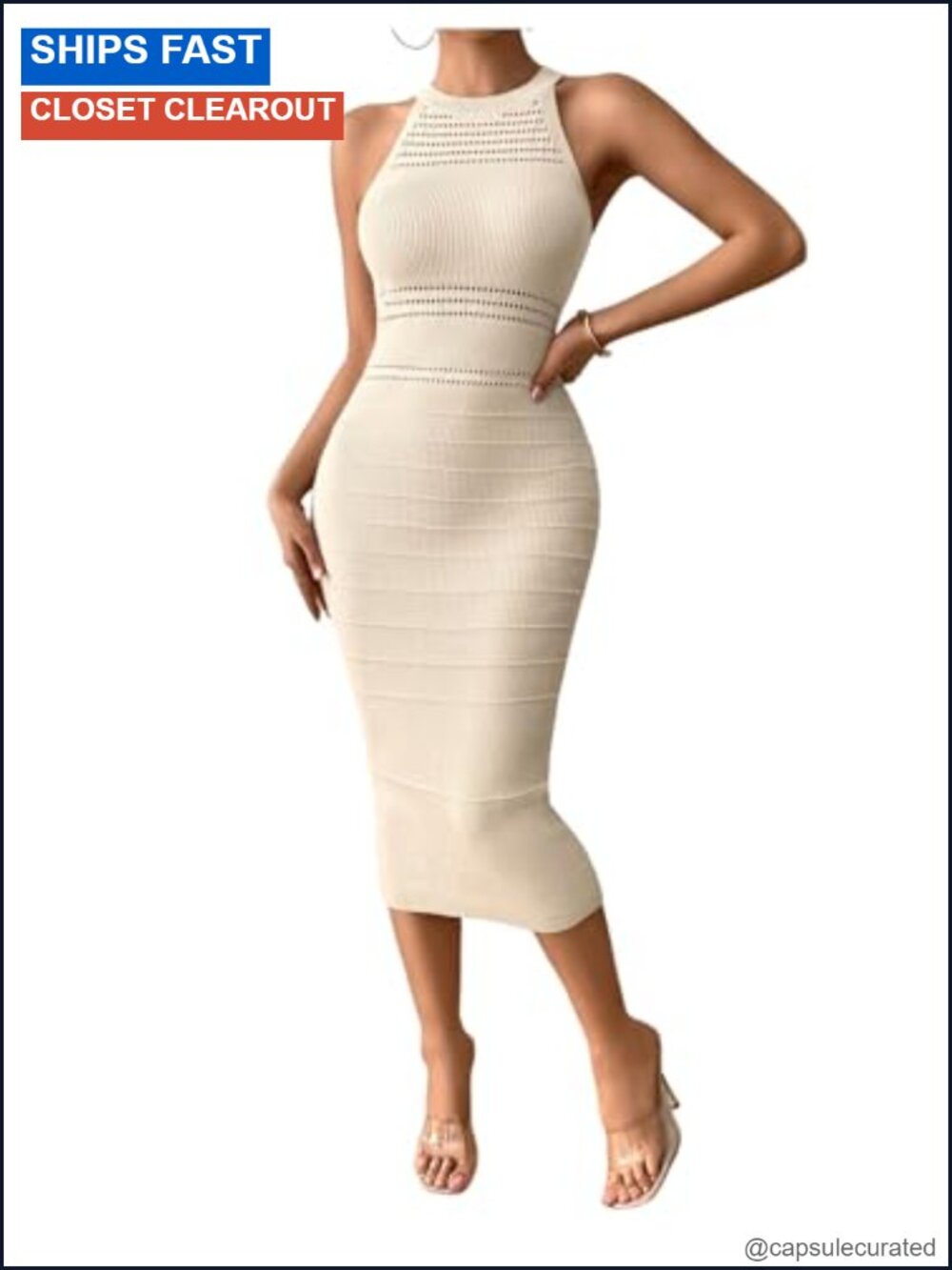Sleeveless Knit Sweater Dress Halter Neck Hollow-Out Midi Bodycon